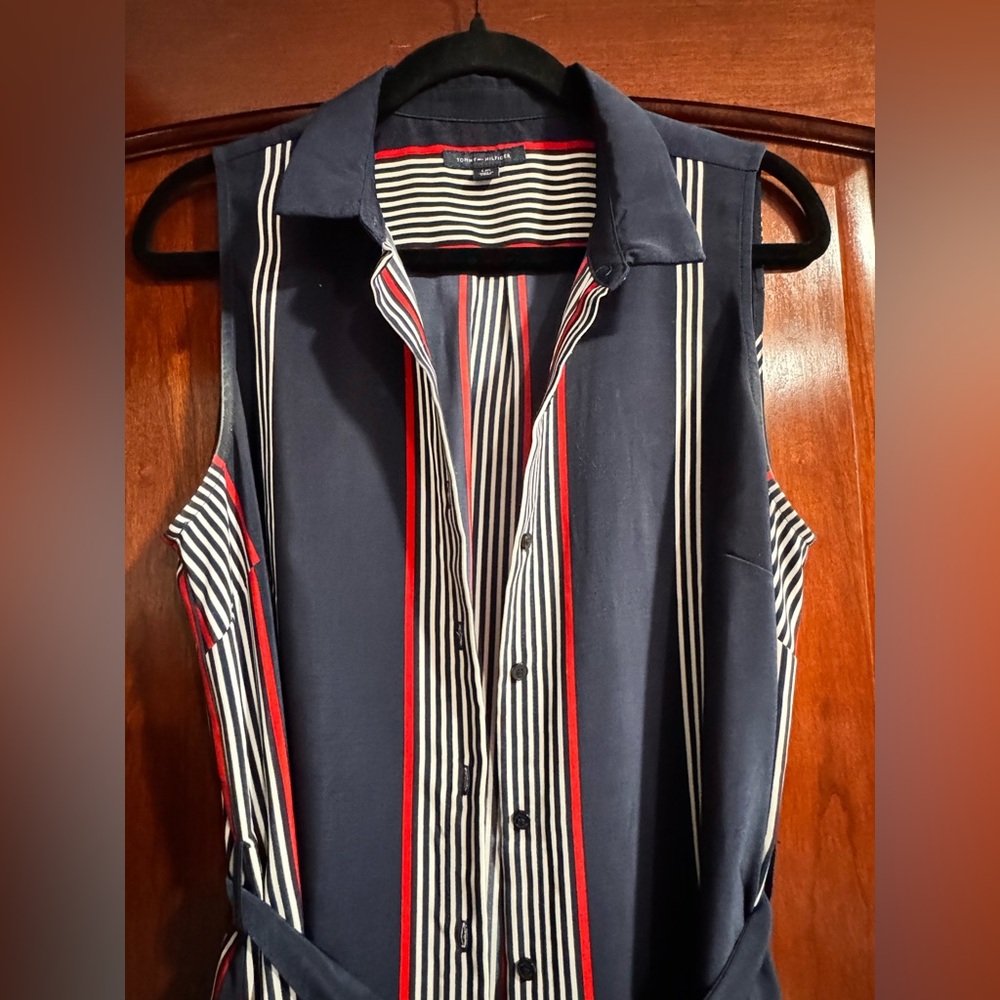 Gently used Tommy Hillfiger Sleeveless Navy & Stripe Shirt Dress with Belt - Picture 2 of 6